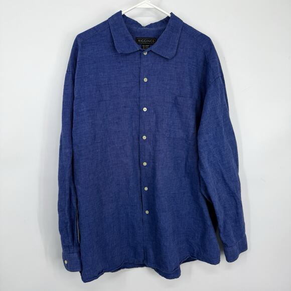 Riggings Mens Linen Blend Button Up Shirt Mens size XXL Solid Blue Long Sleeves - Picture 8 of 8